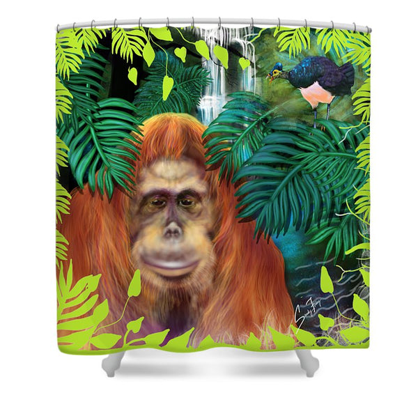 Orangutan With Maleo Bird - Shower Curtain
