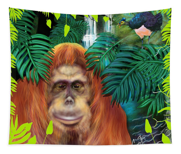 Orangutan With Maleo Bird - Tapestry